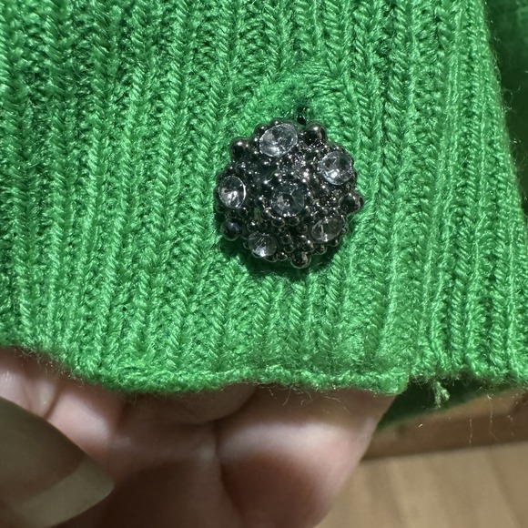 Green Cardigan Sweater Floral Appliqué Rhinestone Buttons Large Romantic Preppy - Picture 6 of 8